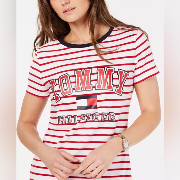 Tommy Hilfiger white and red Striped Logo T-Shirt Dress. Sz. M - Picture 3 of 5